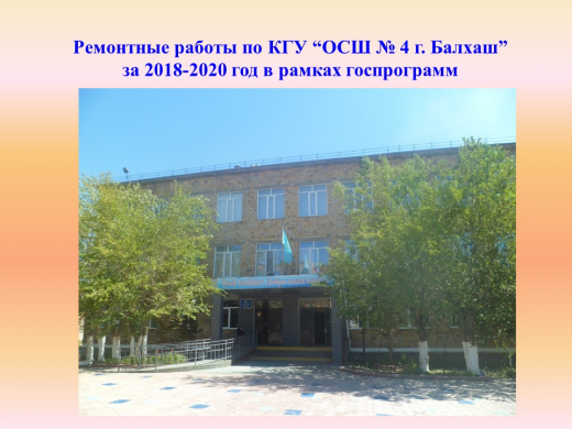 Ремонтные работы по КГУ “ОСШ № 4 г. Балхаш”  за 2018-2020 год в рамках госпрограмм