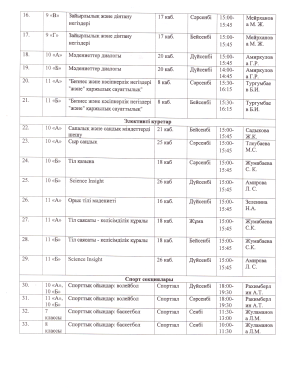 Расписание кружков и секций