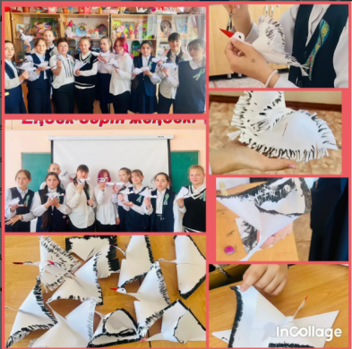 05.05. 2023 года в КУГ ОШ#4 в предверии Дня Победы ученицы 6 «Б» провели акцию «Журавли Победы» .