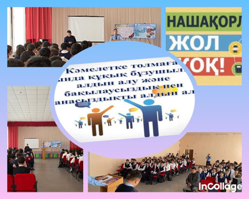 29 сентября 2023 года капитан полиции Жукин Е. М., Нурбек А. А старший лейтенант полиции Коразбаев Н.А. с участием старшеклассников: “преступление детей, подрастающих детей”, “Профилактика имущественных преступлений”, “прогулки детей в вечернее время”. пр