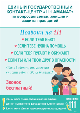 «111»-бірыңғай мемлекеттік байланыс орталығы – отбасы, әйелдер мен балалар мәселелері бойынша сенім телефоны іске қосылды.