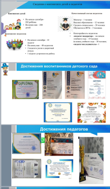 Оқу жылы барысында балабақшада 282 бала тәрбиеленді, оқу жылының соңына қарай — 280 бала. Педагогикалық құрам саны қыркүйекте — 41, мамырда — 40 педагог. Екі педагог декреттік демалысқа шықты, бір маман жұмысқа қабылданды.  Педагогтердің сапалық құрамы жо